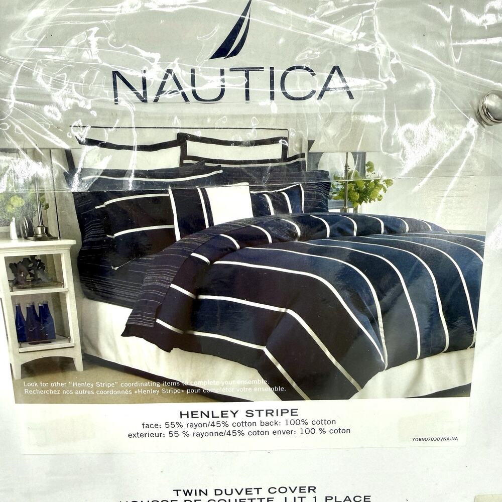 Nautica Henley Stripe Twin Duvet Cover Navy / Gray NIP Coastal Nautical Cabin